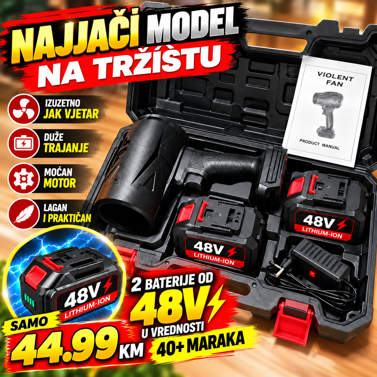 Aku Fen za Duvanje i Sušenje + 2 baterije po 48V